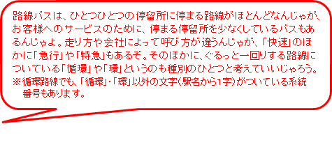 路線バスは、ひとつひとつの停留所に停まる路線がほとんどなんじゃが、お客様へのサービスのために、停まる停留所を少なくしているバスもあるんじゃよ。走り方や会社によって呼び方が違うんじゃが、快速のほかに急行や特急もあるぞ。ぐるっと一回りする路線についている循環や環というのも種別のひとつと考えていいじゃろう。※循環路線でも、循環、環以外の文字(駅名から1字)がついている系統番号もあります。