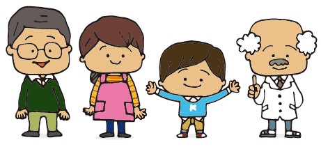 イラスト:子どもの権利キャラクターきらりくんと父、母、子どもの権利博士