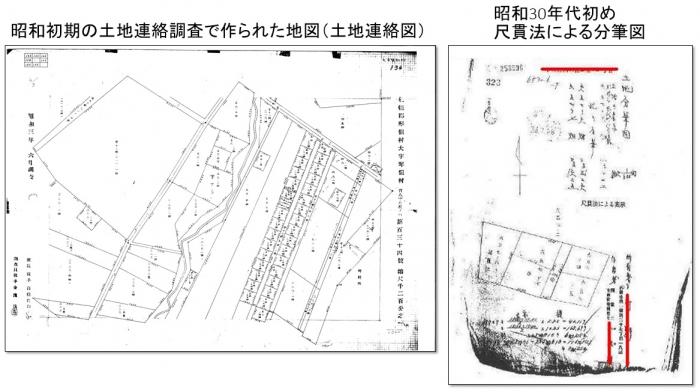 昭和初期の土地連絡調査で作られた地図(土地連絡図)と昭和30年代初め尺貫法による分筆図