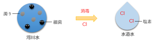 イラスト:河川水には細菌などが含まれているため、浄水場で塩素を入れて消毒し、塩素が残っている水道水にしています