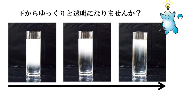 下からゆっくりと透明になりませんか?写真:コップの水が時間がたつにつれて下から透明になっていく