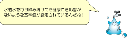 セリフ:水道水を毎日飲み続けても健康に悪影響がないような基準値が設定されているんだね!