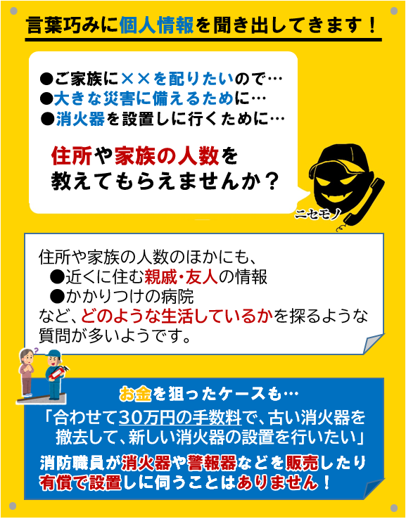 言葉巧みに個人情報を聞き出してきます!「ご家族に××を配りたいので…」「大きな災害に備えるために…」「消火器を設置しに行くために…」住所や家族の人数を教えてもらえませんか?住所や人数のほかにも、近くに住む親戚・友人の情報、かかりつけの病院など、どのような生活をしているかを探るような質問が多いようです。お金を狙ったケースも…「合わせて30万円の手数料で、古い消火器を撤去して、新しい消火器の設置を行いたい」消防職員が消火器や警報器などを販売したり有償で設置しに伺うことはありません!