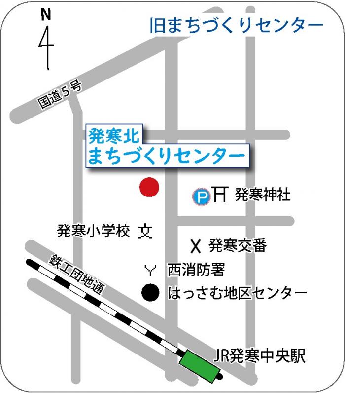 まちづくりセンターの地図。発寒小から北へ百メートル進んだところの建物です