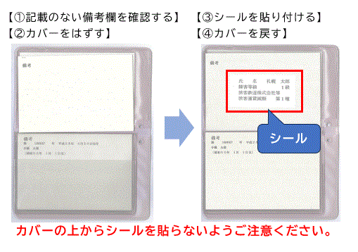 ①記載のない備考欄を確認する②カバーをはずす③シールを貼り付ける④カバーを戻す※カバーの上からシールを貼らないようご注意ください。