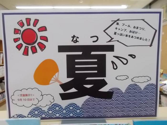 展示の看板写真。太陽と海を背景に、夏という漢字がうちわを持っているイラストを中央に据えています。