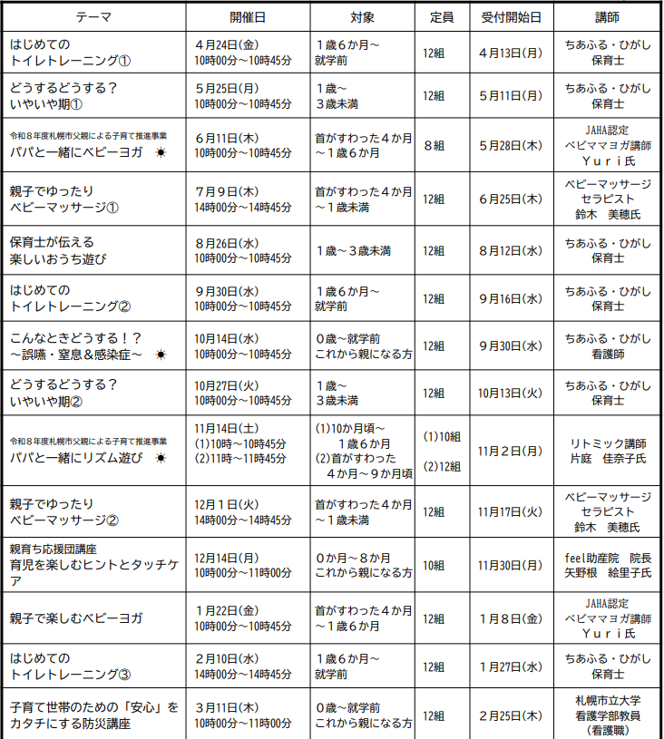 子育て講座年間予定表