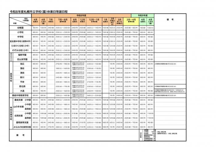 札幌市立学校（園）休業日等日程