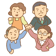 市民、地域、行政、企業の人が手を合わせているイラスト