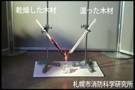 木材の水分量による燃え方の比較画像